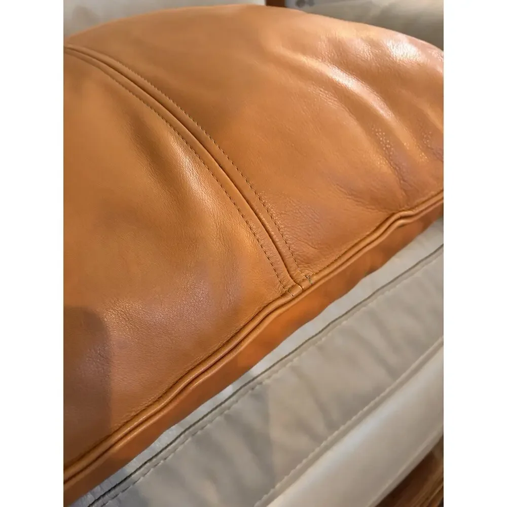 24” Cognac Genuine Leather Throw Pillow Modern Boho Luxe Couch Decor Insert